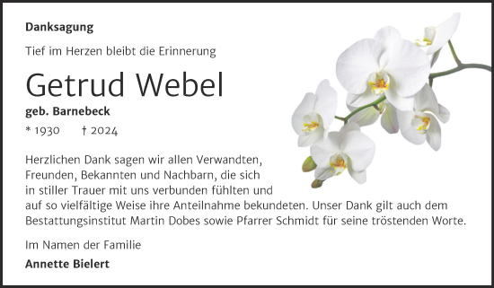 Traueranzeige von Getrud Webel von Trauerkombi Bernburg