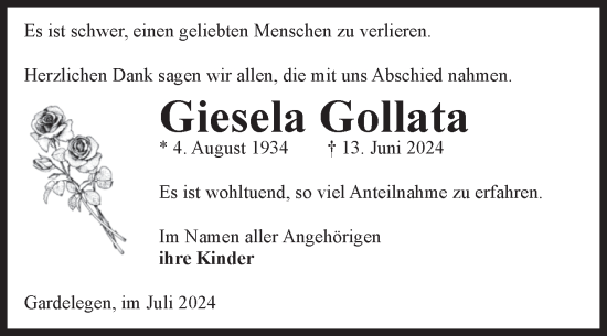 Traueranzeige von Giesela Gollata von Volksstimme Altmark West