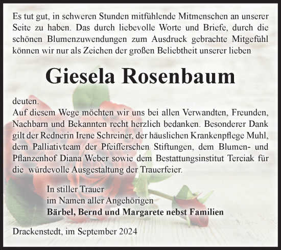 Traueranzeige von Giesela Rosenbaum von Volksstimme Oschersleben/Wanzleben