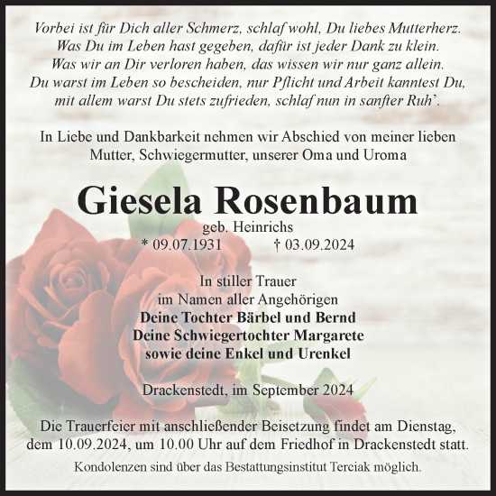 Traueranzeige von Giesela Rosenbaum von Volksstimme Oschersleben/Wanzleben