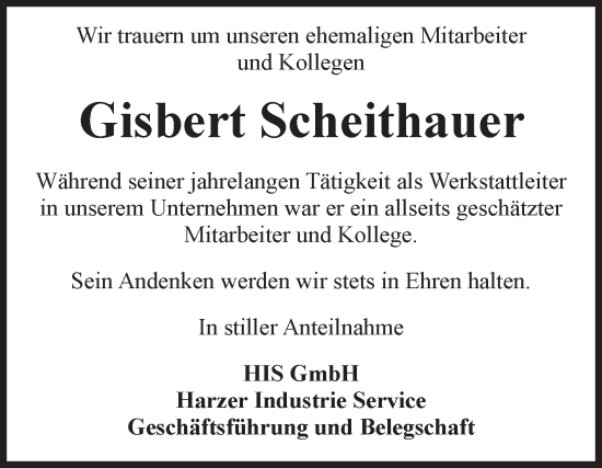 Traueranzeige von Gisbert Scheithauer von Volksstimme Wernigerode