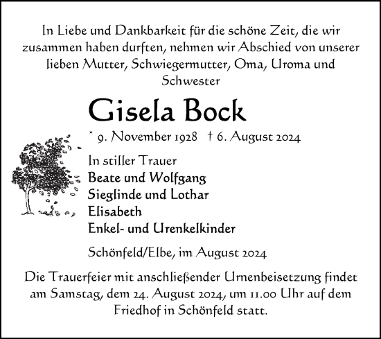 Traueranzeige von Gisda Bock von Volksstimme Altmark Ost