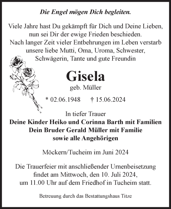 Traueranzeige von Gisela  von Volksstimme Burg/Genthin