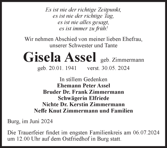 Traueranzeige von Gisela Assel von Volksstimme Burg/Genthin