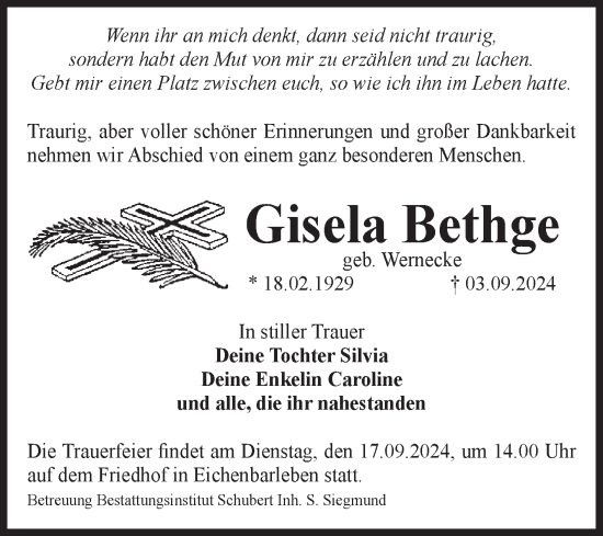 Traueranzeige von Gisela Bethge von Volksstimme Haldensleben/Wolmirstedt