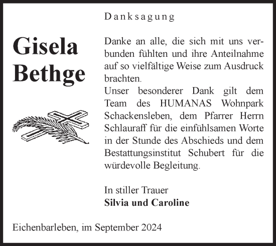 Traueranzeige von Gisela Bethge von Volksstimme Haldensleben/Wolmirstedt