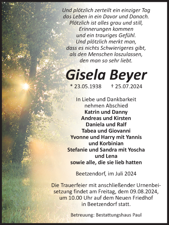 Traueranzeige von Gisela Beyer von Volksstimme Altmark West