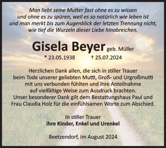 Traueranzeige von Gisela Beyer von Volksstimme Altmark West