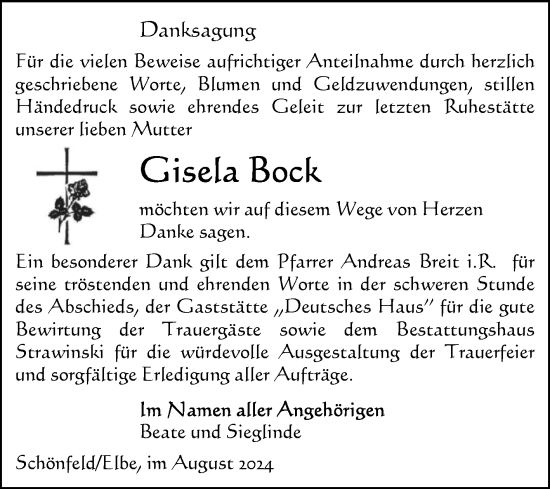 Traueranzeige von Gisela Bock von Volksstimme Altmark Ost