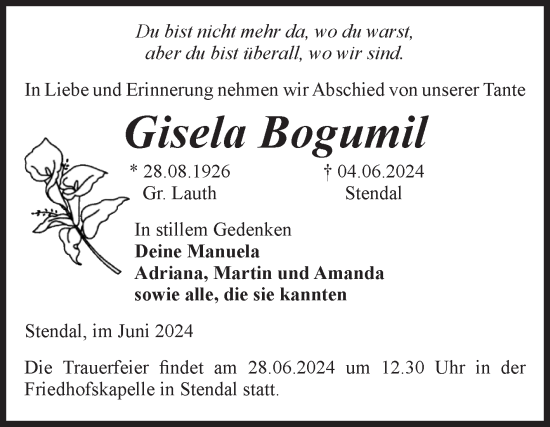 Traueranzeige von Gisela Bogumil von Volksstimme Altmark Ost