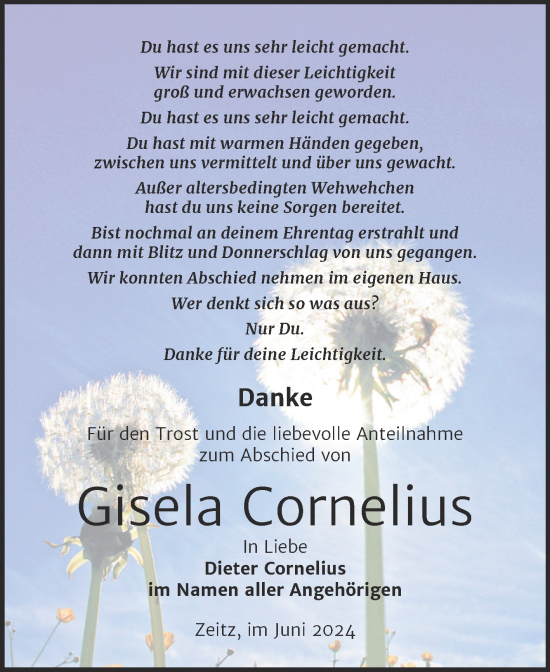 Traueranzeige von Gisela Cornelius von Trauerkombi Zeitz
