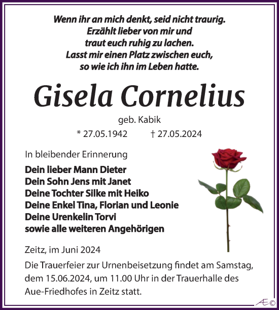 Traueranzeige von Gisela Cornelius von Trauerkombi Zeitz