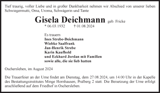 Traueranzeige von Gisela Deichmann von Volksstimme Oschersleben/Wanzleben