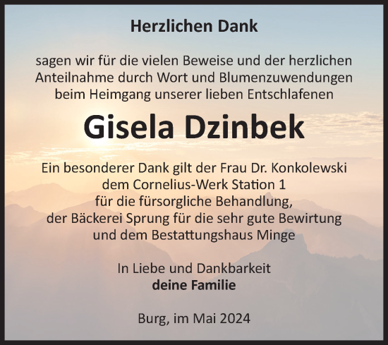 Traueranzeige von Gisela Dzinbek von Volksstimme Burg/Genthin