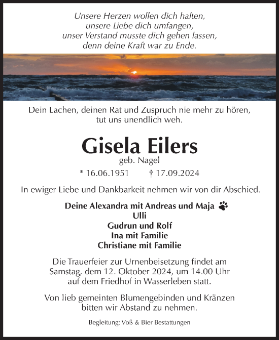 Traueranzeige von Gisela Eilers von Volksstimme Wernigerode