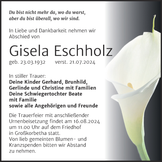 Traueranzeige von Gisela Eschholz von Trauerkombi Weißenfels