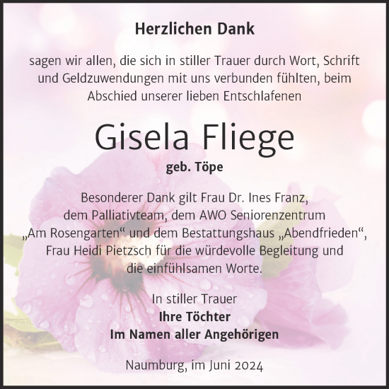 Traueranzeige von Gisela Fliege von Naumburger Tageblatt