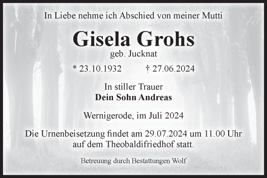 Traueranzeige von Gisela Grohs von Volksstimme Wernigerode