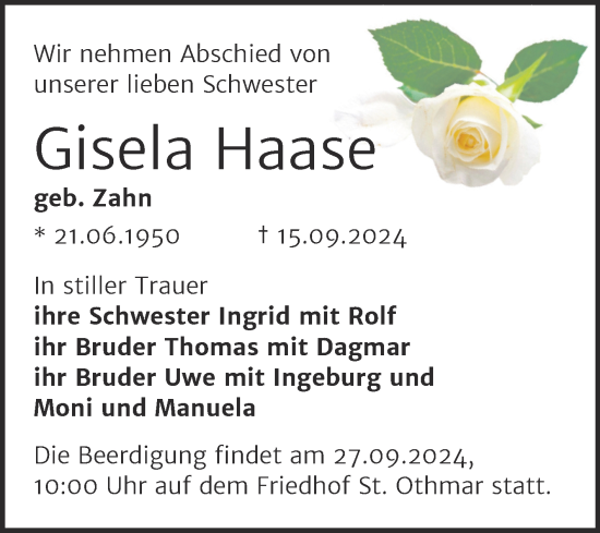 Traueranzeige von Gisela Haase von Super Sonntag Naumburg/Nebra