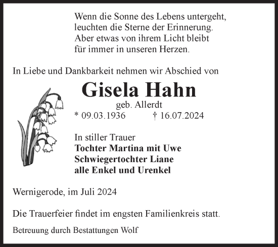 Traueranzeige von Gisela Hahn von Volksstimme Wernigerode