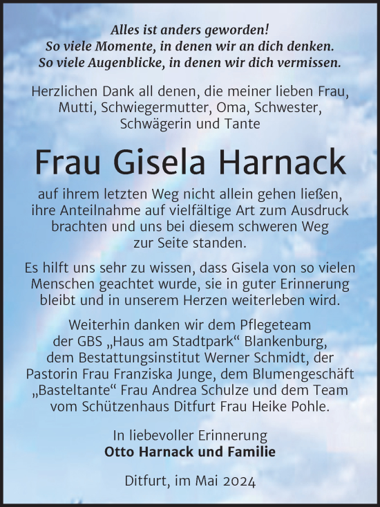 Traueranzeige von Gisela Harnack von Trauerkombi Quedlinburg
