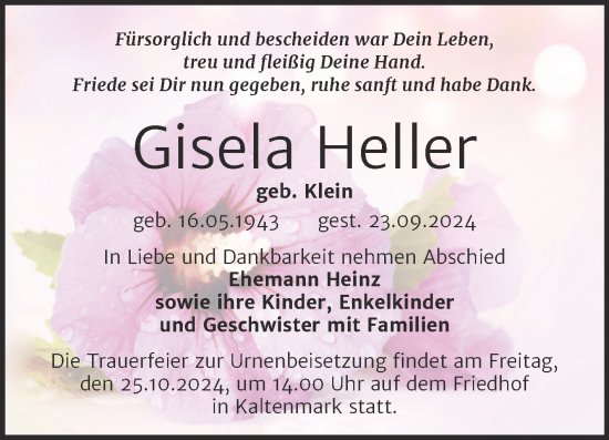Traueranzeige von Gisela Heller von Mitteldeutsche Zeitung Halle/Saalkreis