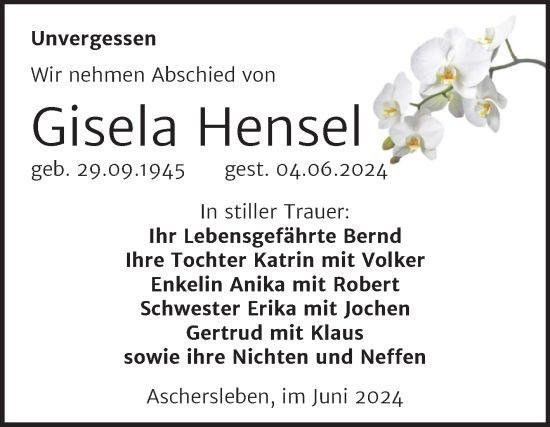 Traueranzeige von Gisela Hensel von Trauerkombi Aschersleben