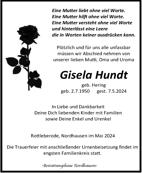 Traueranzeige von Gisela Hundt von Mitteldeutsche Zeitung Sangerhausen