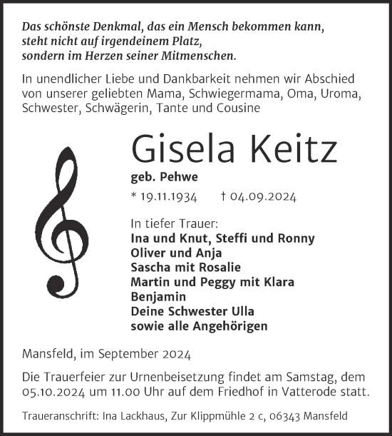 Traueranzeige von Gisela Keitz von Trauerkombi Mansfelder Land