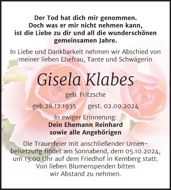 Traueranzeige von Gisela Klabes von Trauerkombi Wittenberg