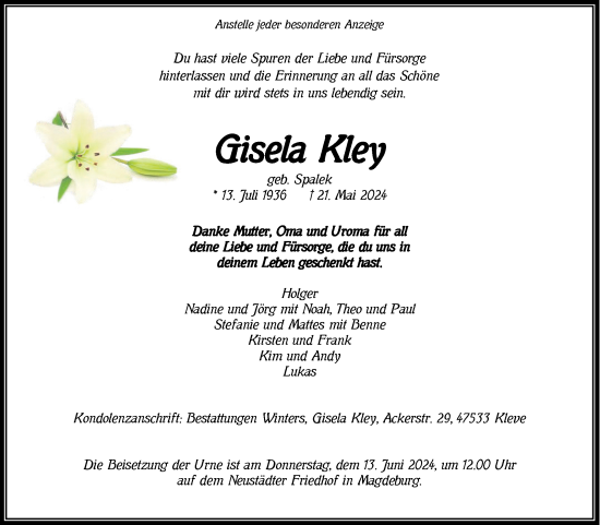 Traueranzeige von Gisela Kley von Volksstimme Magdeburg