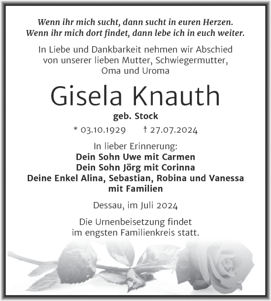Traueranzeige von Gisela Knauth von Trauerkombi Dessau