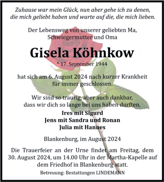 Traueranzeige von Gisela Köhnkow von Volksstimme Wernigerode