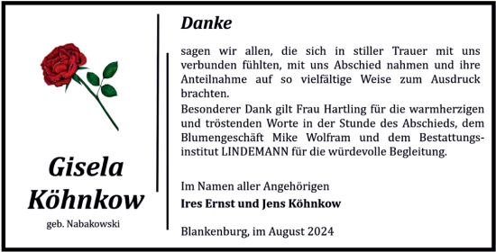 Traueranzeige von Gisela Köhnkow von Volksstimme Wernigerode