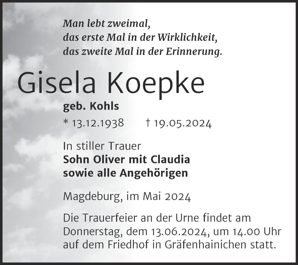  Traueranzeige für Gisela Koepke vom 01.06.2024 aus Trauerkombi Wittenberg