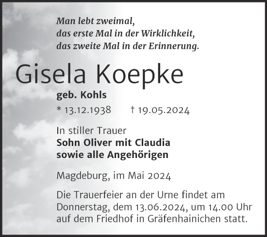 Traueranzeige von Gisela Koepke von Trauerkombi Wittenberg