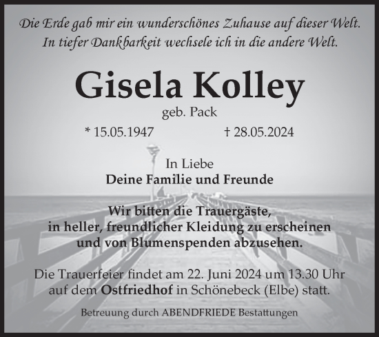 Traueranzeige von Gisela Kolley von Volksstimme Schönebeck