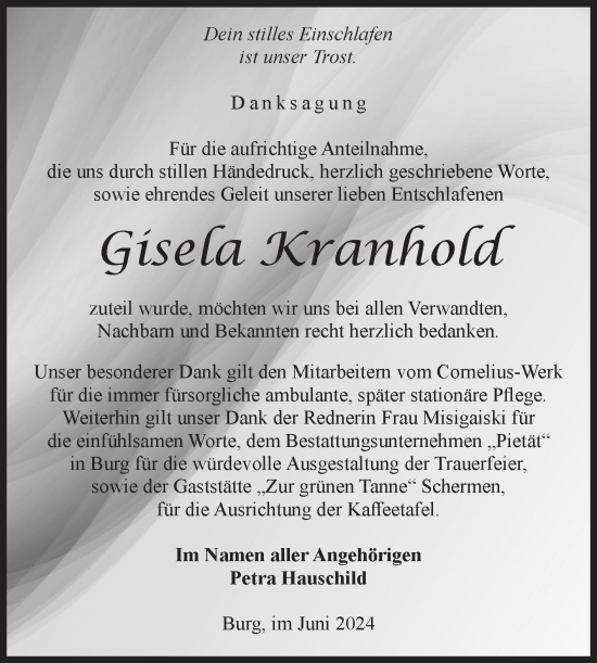 Traueranzeige von Gisela Kranhold von Volksstimme Burg/Genthin