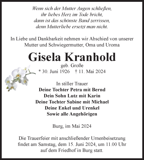 Traueranzeige von Gisela Kranhold von Volksstimme Burg/Genthin