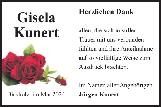 Traueranzeige von Gisela Kunert von Volksstimme Altmark Ost