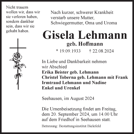 Traueranzeige von Gisela Lehmann von Volksstimme Altmark Ost