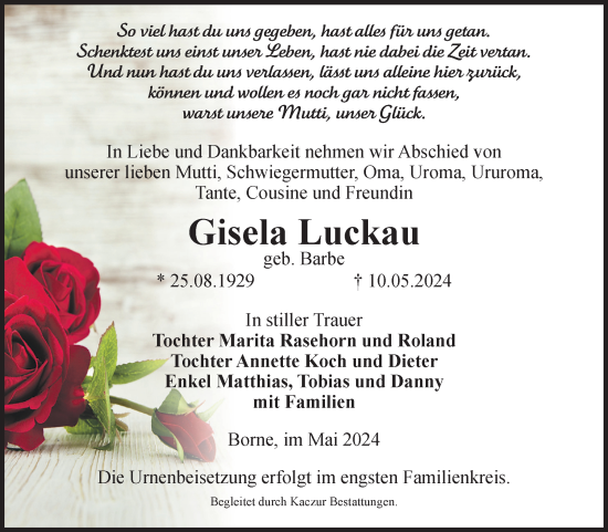 Traueranzeige von Gisela Luckau von Volksstimme Staßfurt