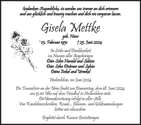 Traueranzeige von Gisela Mettke von Super Sonntag Quedlingburg