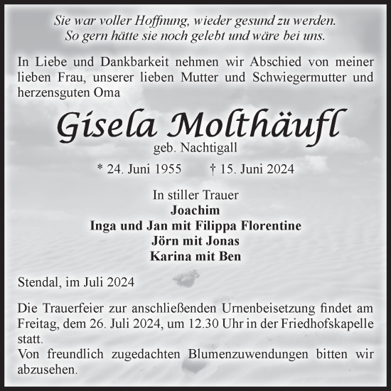 Traueranzeige von Gisela Molthäufl von Volksstimme Altmark Ost