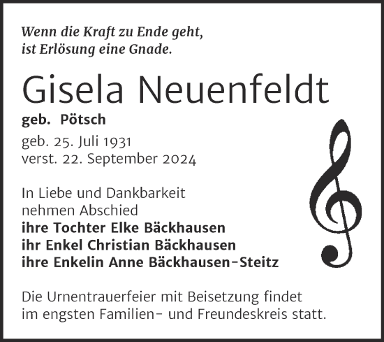 Traueranzeige von Gisela Neuenfeldt von Naumburger Tageblatt