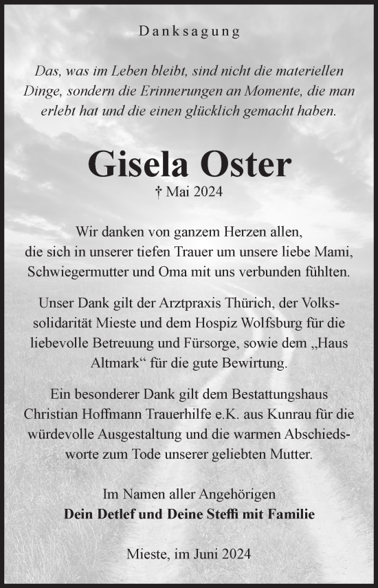 Traueranzeige von Gisela Oster von Volksstimme Altmark West