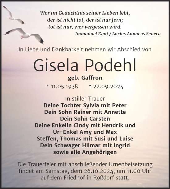 Traueranzeige von Gisela Podehl von Trauerkombi Bitterfeld