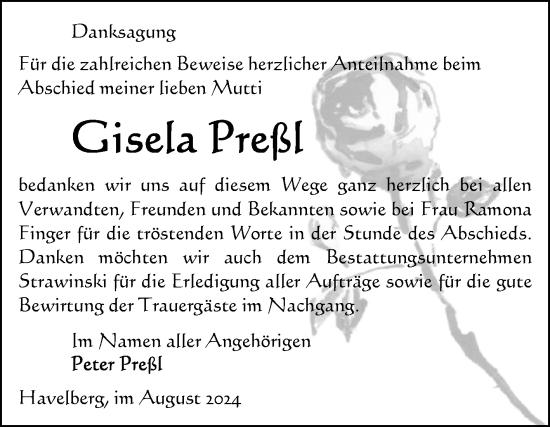 Traueranzeige von Gisela Preßl von Volksstimme Altmark Ost
