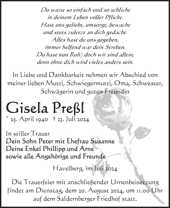 Traueranzeige von Gisela Preßl von Volksstimme Altmark Ost
