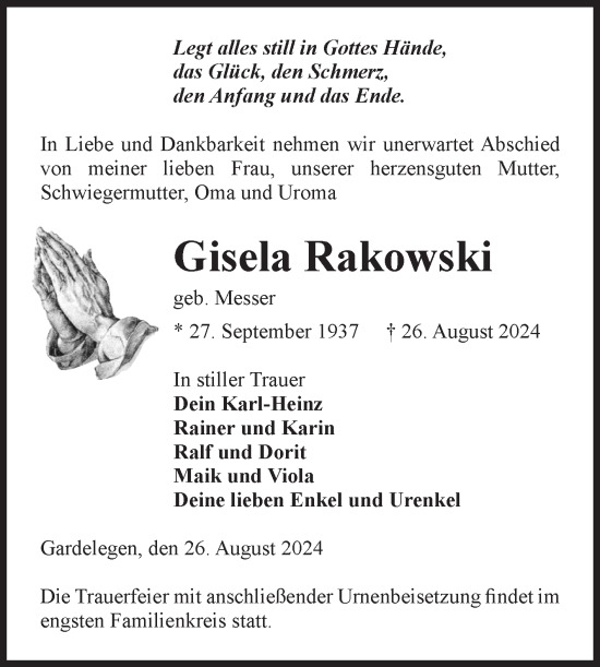 Traueranzeige von Gisela Rakowski von Volksstimme Altmark West